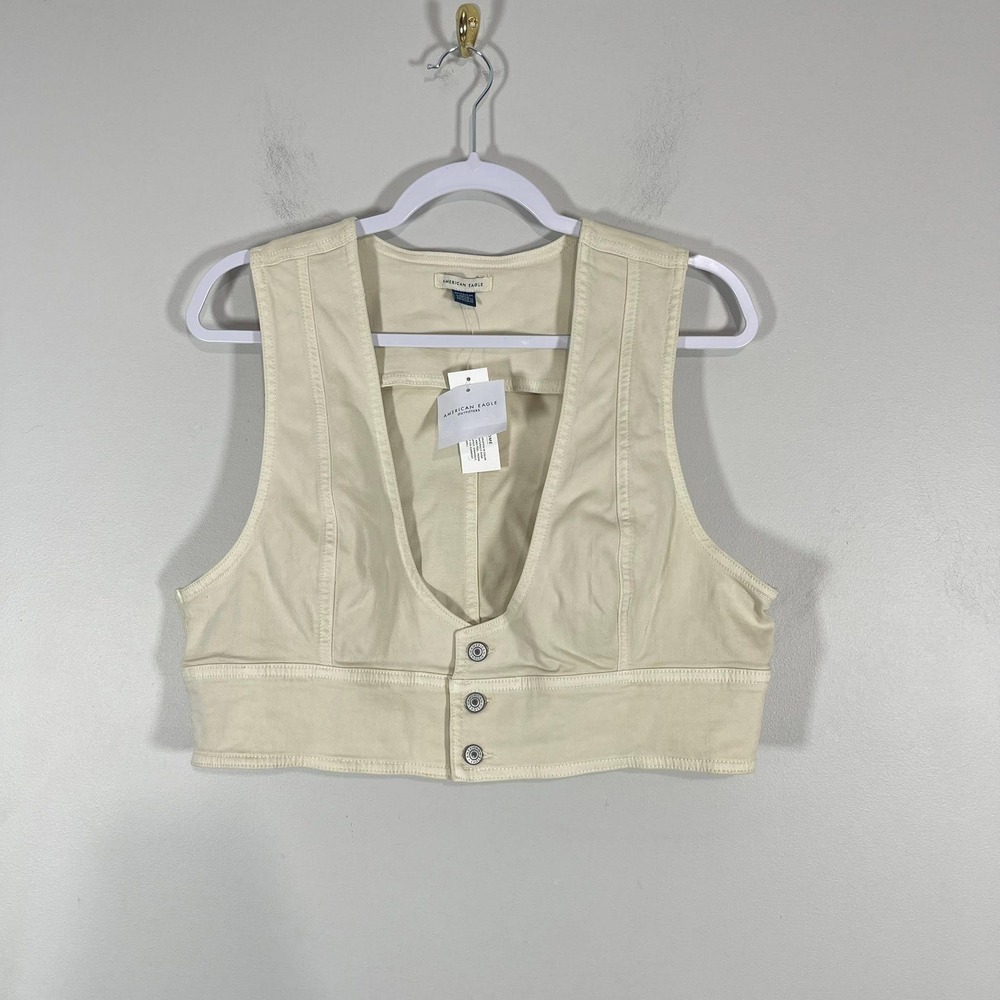 American Eagle Corset Plunge Crop Vest Wms XL Oatmeal Beige Denim Boho Festival
